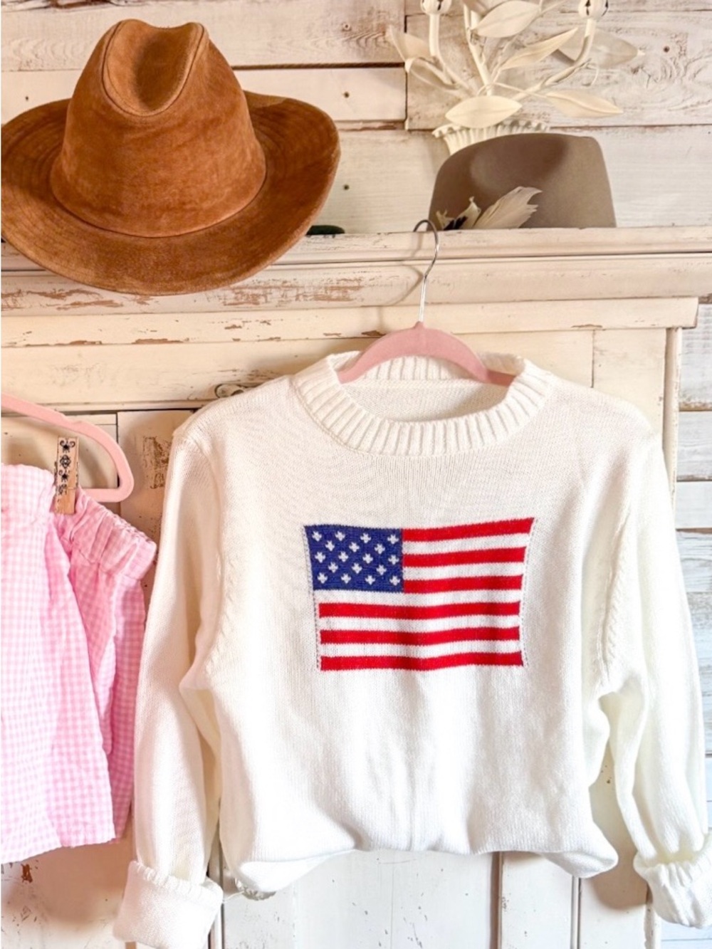White Flag Crewneck Sweater with Stars & Stripes